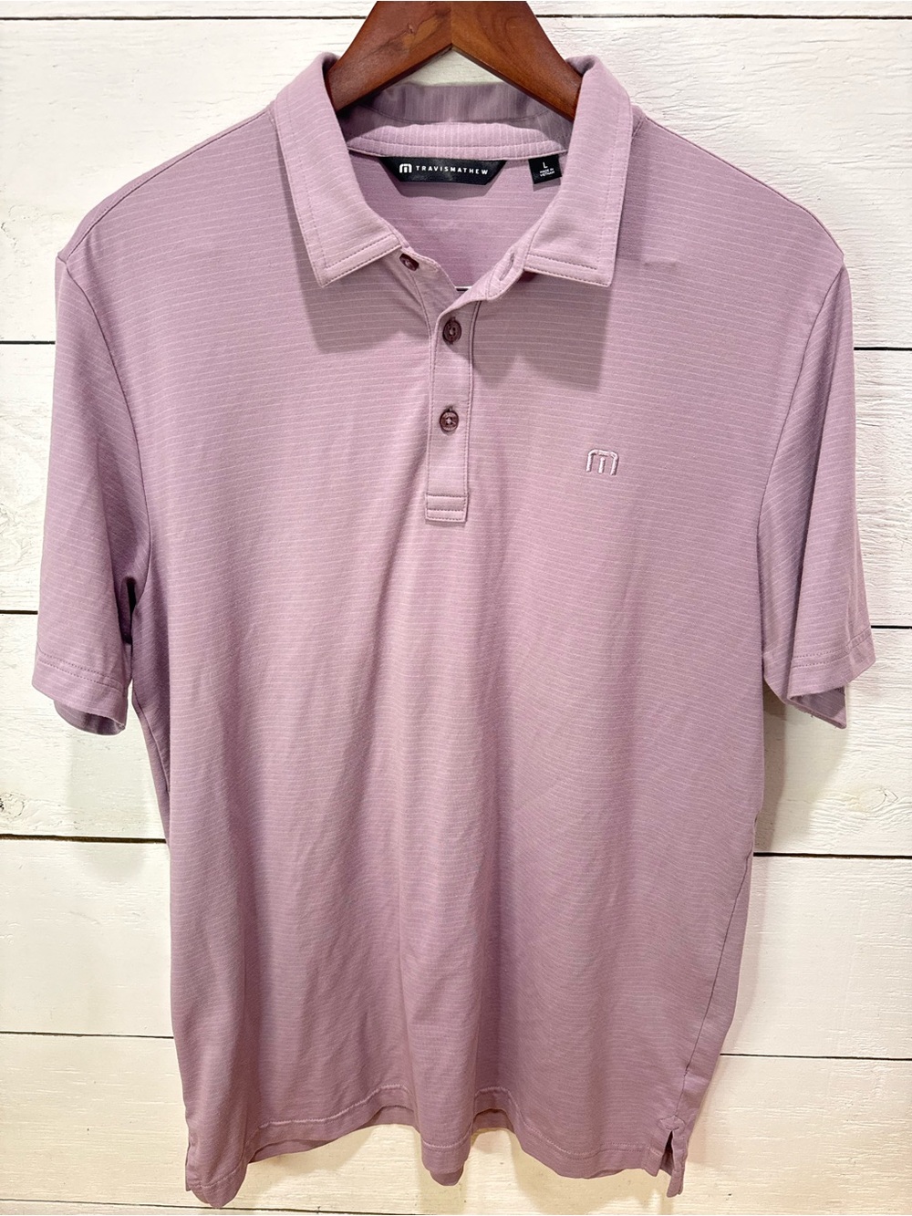 TravisMathew Mens L The Heater Purple Striped Short Sleeve Polo Embroidered Logo